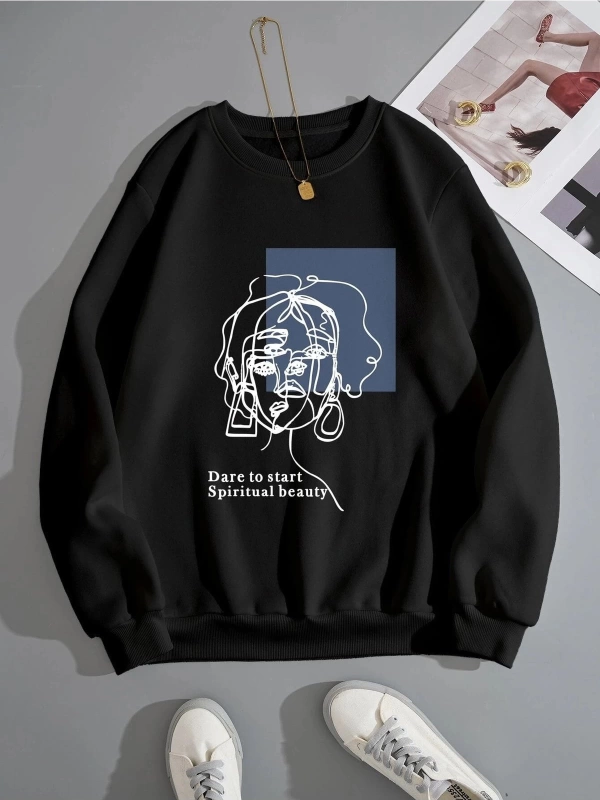 Kadın Beauty Baskılı Oversize Bisiklet Yaka Sweatshirt