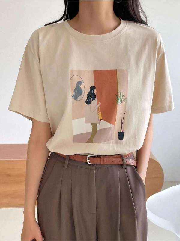 Kadın Bej Kadın Figür Baskılı Oversize Bisiklet Yaka Tshirt