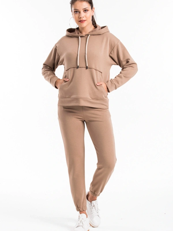Kadın Bej Pis Dikiş Kanguru Cep Detaylı Eşofman Takımı Cy84186