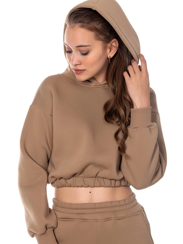 Kadın Bej Rengi Kapüşonlu Crop Kesim Sweatshirt Cy84196 Bej