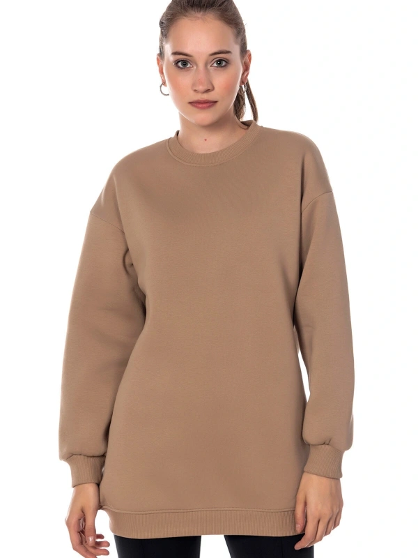 Kadın Bej Renk Uzun Kesim Basic Örme Sweatshirt Cy84197 Bej