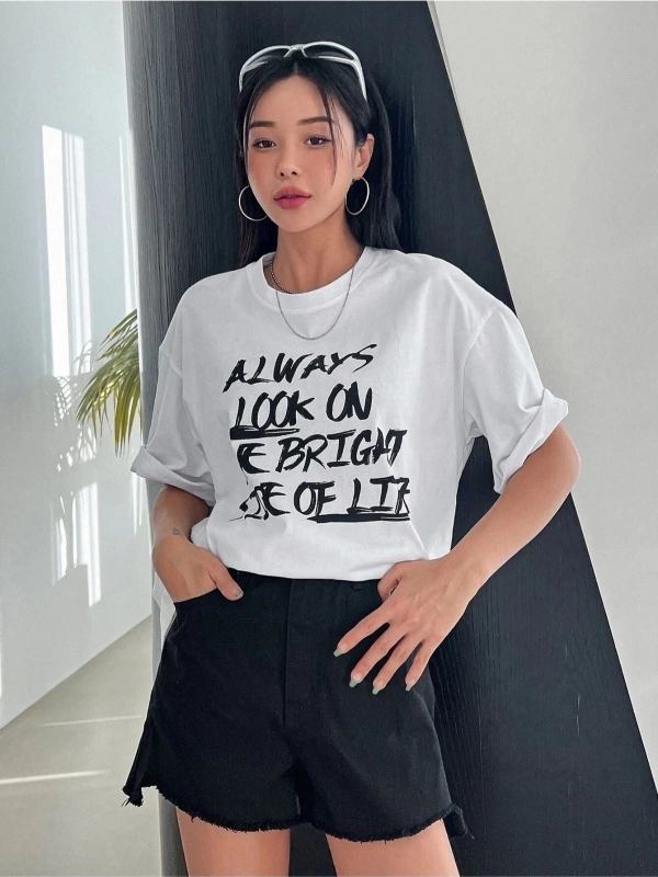 Kadın Beyaz Always Baskılı Oversize Bisiklet Yaka Tshirt