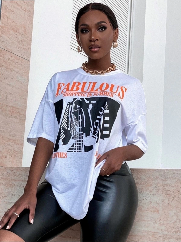 Kadın Beyaz Fabulous Baskılı Oversize Bisiklet Yaka Tshirt