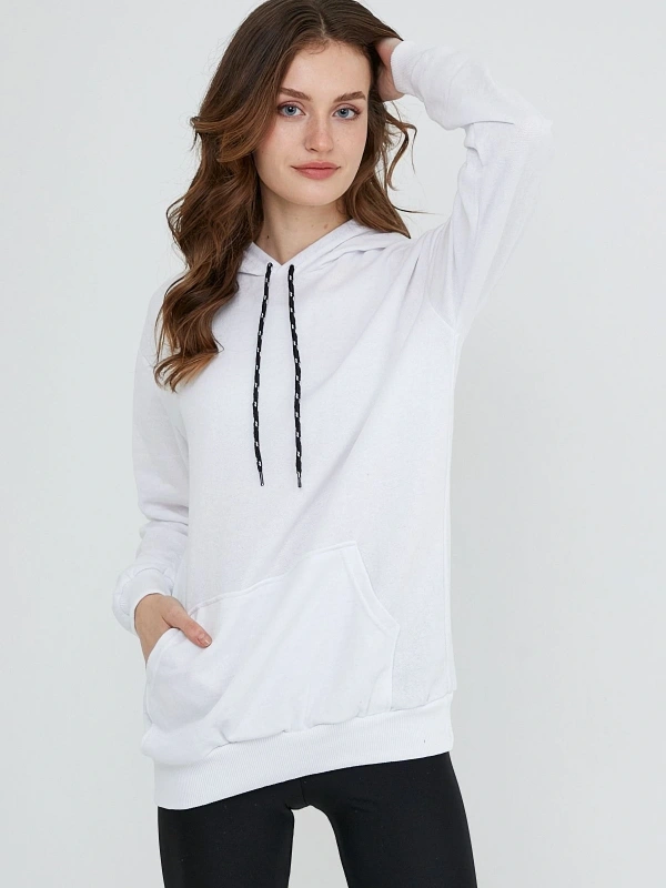 Kadın Beyaz Kapüşonlu Kangru Cep Sweatshirt