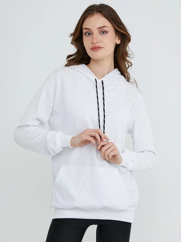 Kadın Beyaz Kapüşonlu Kanguru Cep Sweatshirt