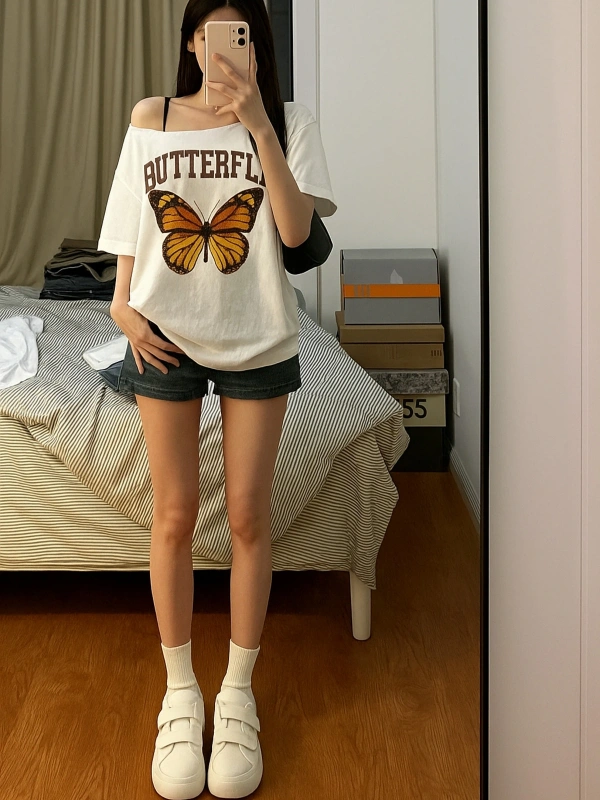 Kadın Beyaz Kayık Yaka Baskılı Kısa Kol %100 Pamuk