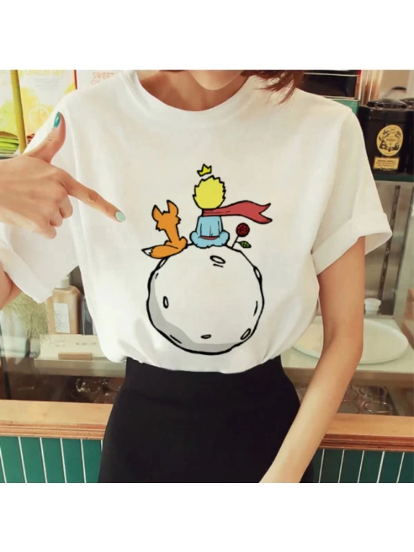 Kadın Beyaz Küçük Prens Baskılı Bisiklet Yaka Oversize Geniş Kalıp T-shirt Tişört