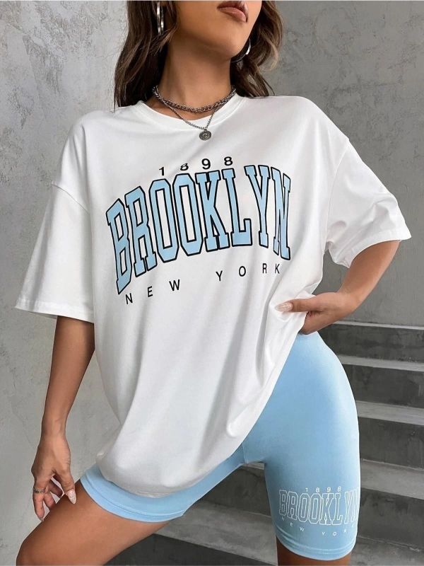 Kadın Beyaz Mavi Brooklyn Bisiklet Yaka Tshirt