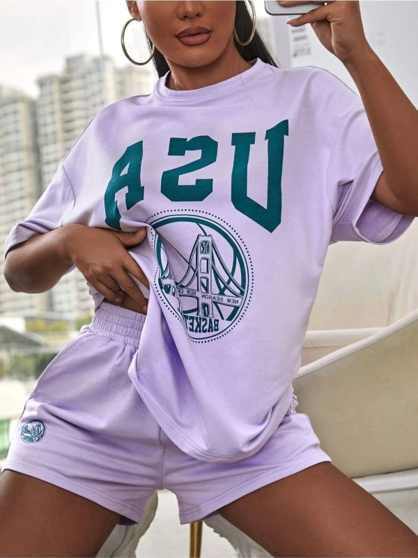 Kadın Beyaz Yeşil Usa Baskılı Bisiklet Yaka Tshirt