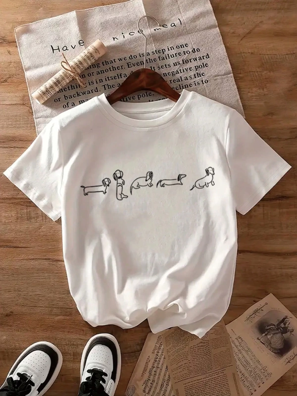Kadın Dachshund Grafik Tişört - Rahat Yuvarlak Yaka, İlkbahar ve Yaz İçin Kısa Kollu Üst, Nef