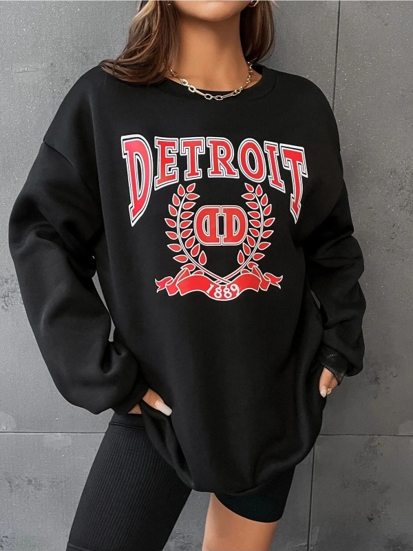 Kadın Detroıt Baskılı Oversize Bisiklet Yaka Sweatshirt