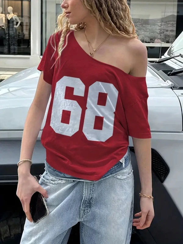 Kadın Düşük Omuz Kayık Yaka 68 Baskılı