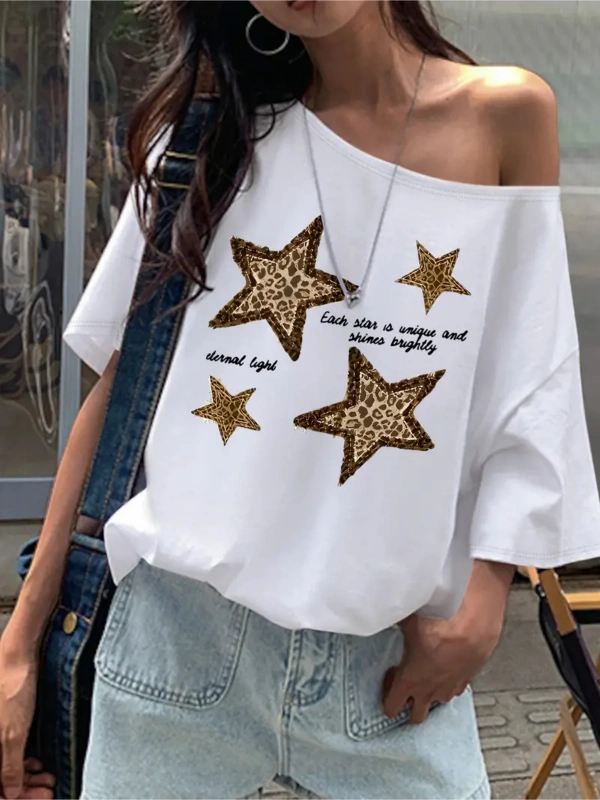 Kadın Düşük Omuz Leopar Yıldız Baskılı Kayık Yaka