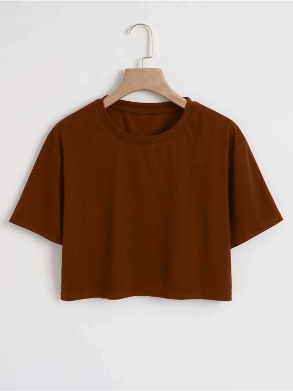 Kadın Düz Bisiklet Yaka Oversize Crop T-shirt 04CRP