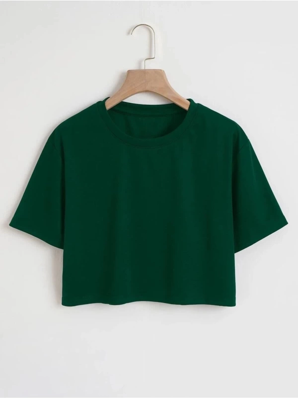 Kadın Düz Bisiklet Yaka Oversize Crop T-shirt 04CRP