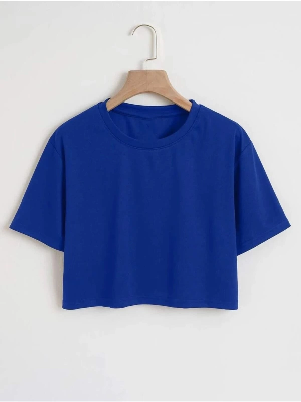 Kadın Düz Bisiklet Yaka Oversize Crop T-shirt 04CRP
