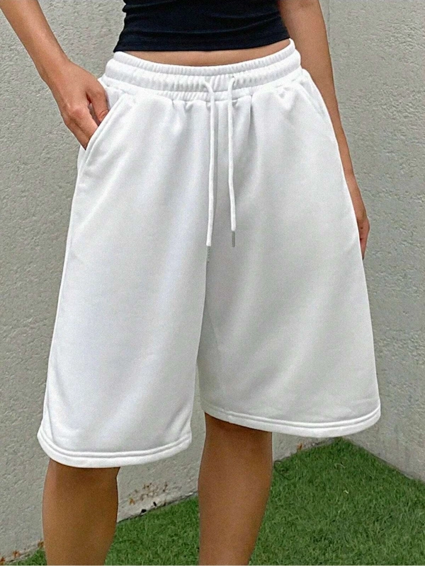Kadın Düz Renk Günlük Elastik Bel Bağcıklı Şort Yaz İçin
