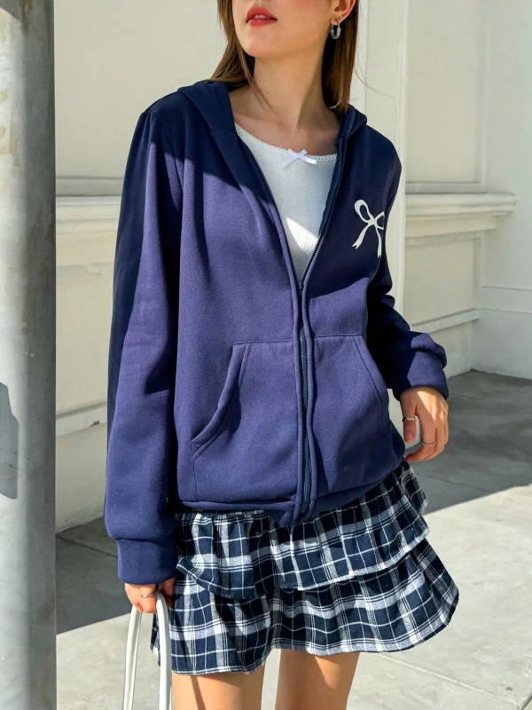 Kadın Düz Renk Kapşonlu Fermuarlı Sweatshirt, Basit Günlük Giyim Model 5180