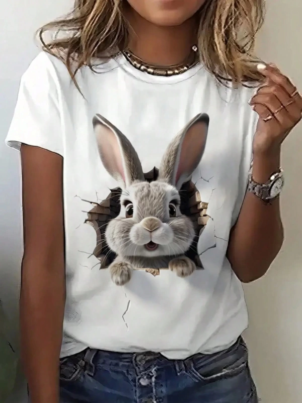 Kadın Düz Renk Yuvarlak Yaka Kısa Kollu 3D Sevimli Tavşan Baskılı Rahat Bol Tişört