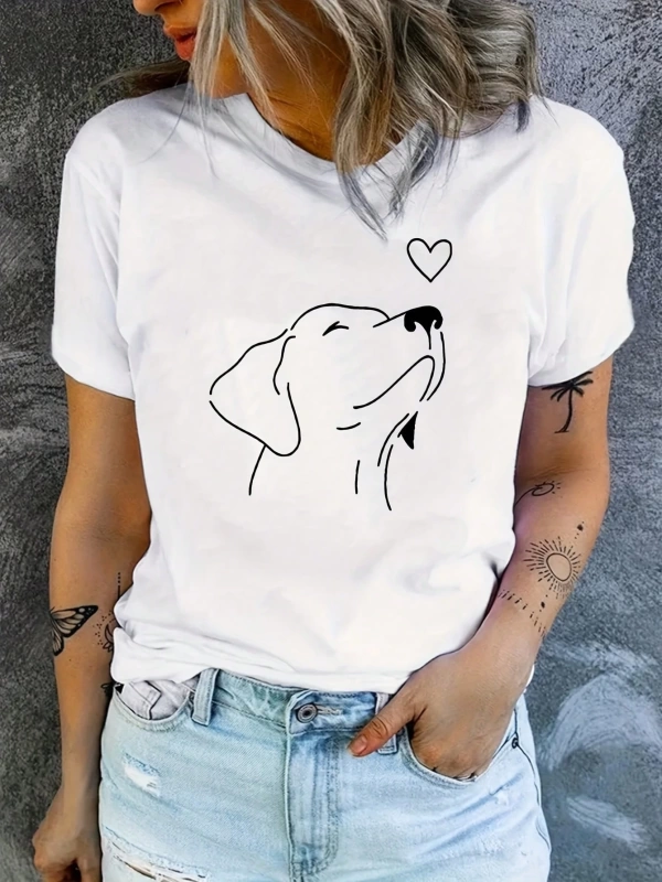 Kadın Düz Renk Yuvarlak Yaka Kısa Kollu Köpek Baskılı Rahat Bol Tişört