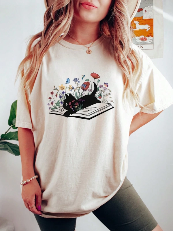 Kadın Düz Renk Yuvarlak Yaka Kısa Kollu Retro Opossum Baskılı Basit Üst, Günlük ve Günlük Giy