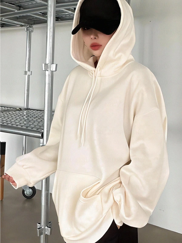 Kadın Ekru Düz Kapüşonlu Oversize 3 iplik Şardonlu Salaş Bol Kesim Hoodie Sweatsh Beyaz