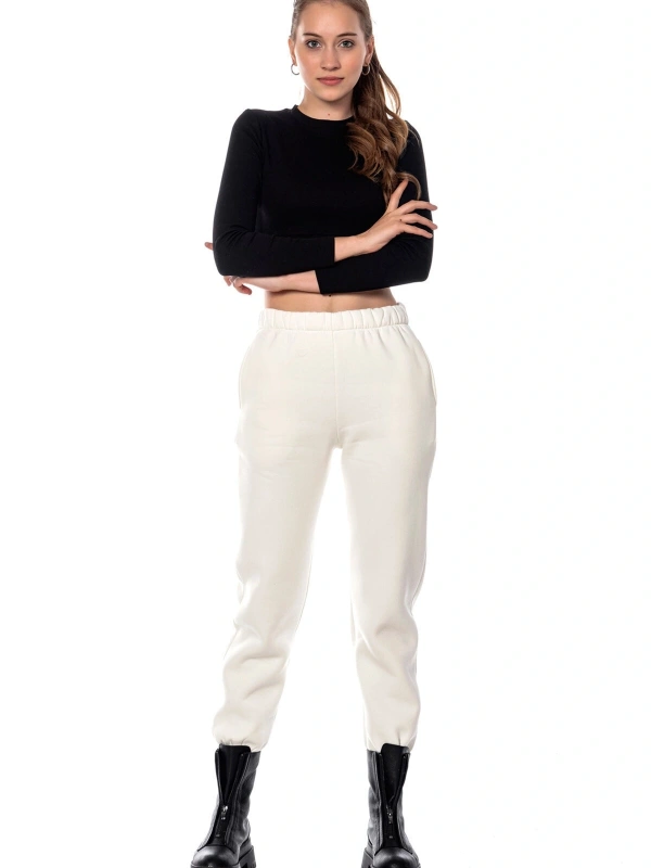 Kadın Ekru Renk Elastik Paça Örme Jogger Eşofman Altı Cy84200