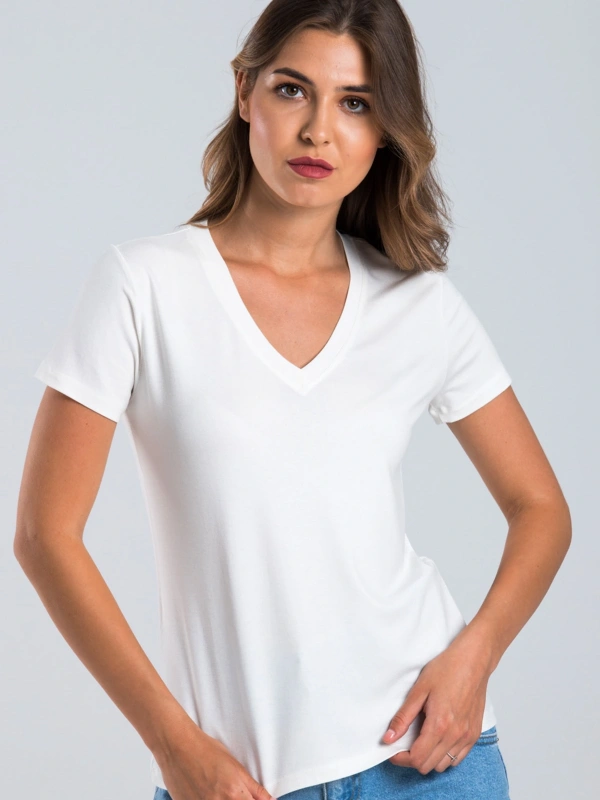 Kadın Ekru Renk V Yaka Kısa Kollu Viskon T-Shirt