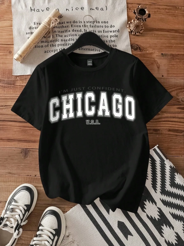 Kadın Fitted Chicago Grafik Yuvarlak Yaka Kısa Kollu Pamuklu Tişört, Yaz İçin Uygun