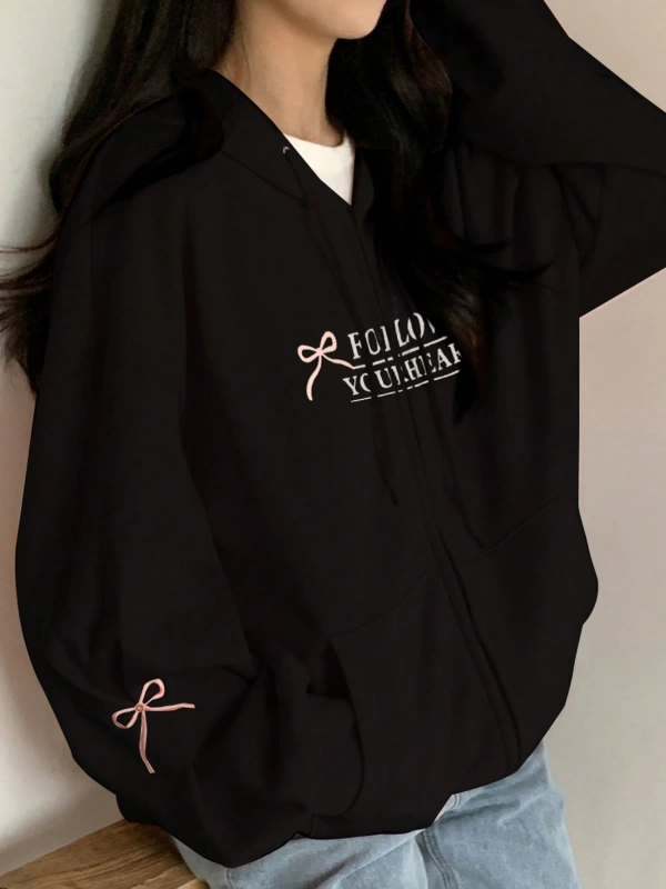 Kadın Fiyonk Dekor Baskı ve Nakış Termal Astarlı Kapşonlu Sweatshirt, Uzun Kollu Üstler Model 5186
