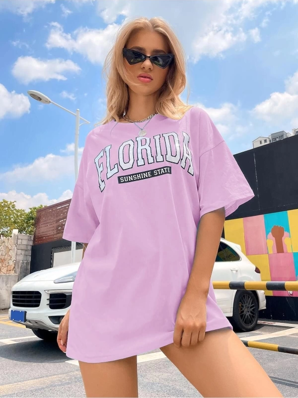 Kadın FLORİDA Renkli Özel Baskılı Renkli Oversize Bisiklet Yaka Penye T-Shirt