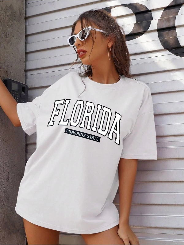 Kadın FLORİDA Renkli Özel Baskılı Renkli Oversize Bisiklet Yaka Penye T-Shirt