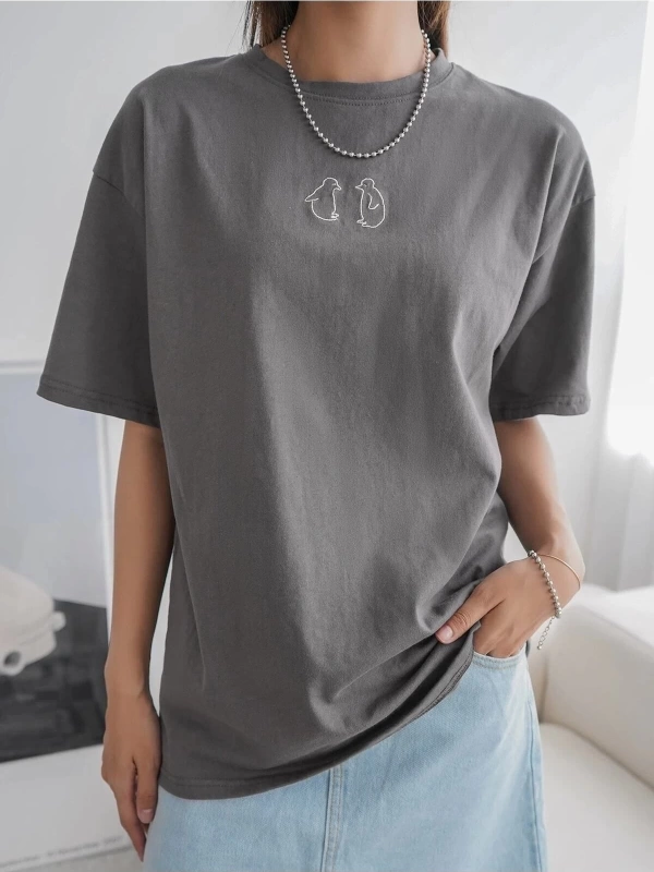 Kadın Füme Penguen Baskılı Oversize T-shirt