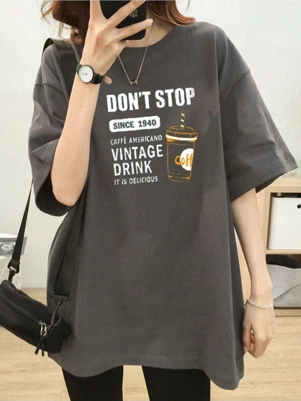 Kadın Füme Vintage Drink Baskılı Oversize T-shirt