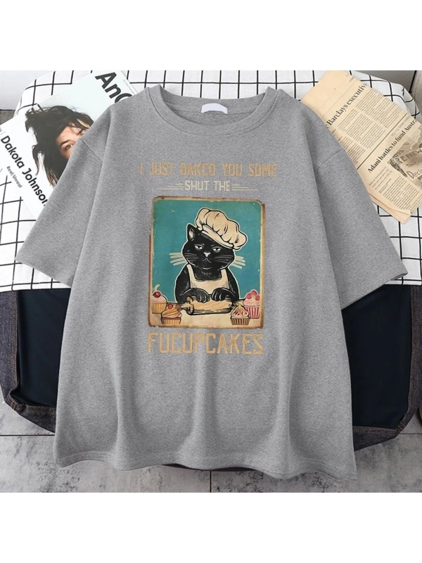 Kadın Gri Fucupcakes Baskılı Oversize Bisiklet Yaka Tshirt