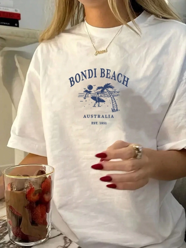 Kadın Günlük Bondi Plaj Baskılı Kısa Kollu Tişört