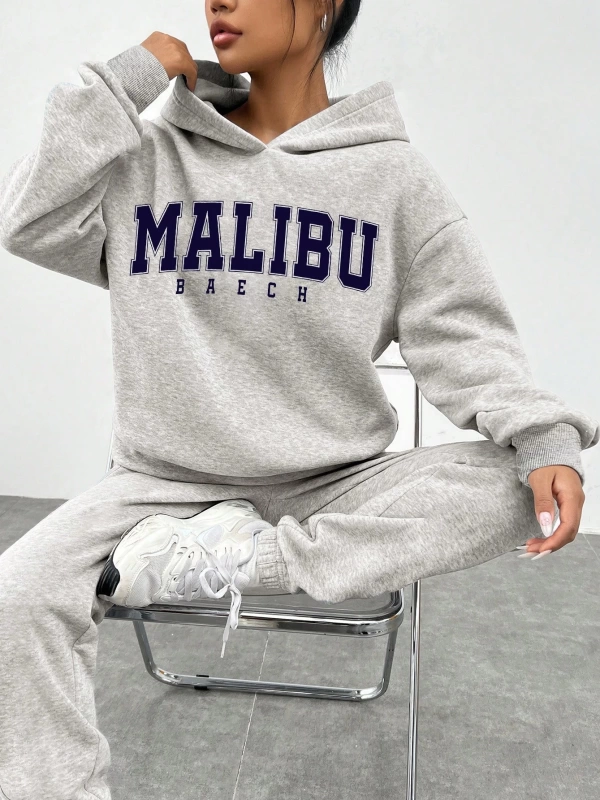 Kadın Günlük Harf Baskılı Bol Kesim Yuvarlak Yaka Sweatshirt Ve Eşofman Altı 2 Parça S