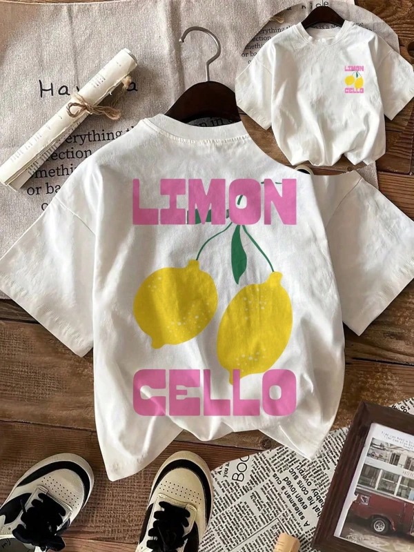 Kadın Günlük Limon Desenli Yuvarlak Yaka Kısa Kollu Tişört