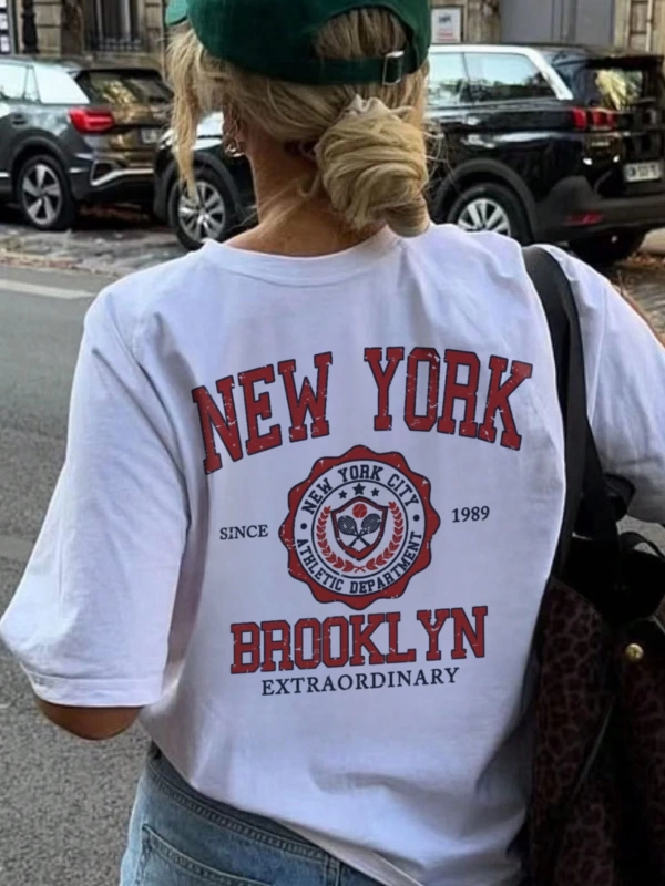 Kadın Günlük Moda Çok Yönlü Yuvarlak Yaka Kısa Kollu Tişört Harf Baskılı, Günlük Giyim İçin U