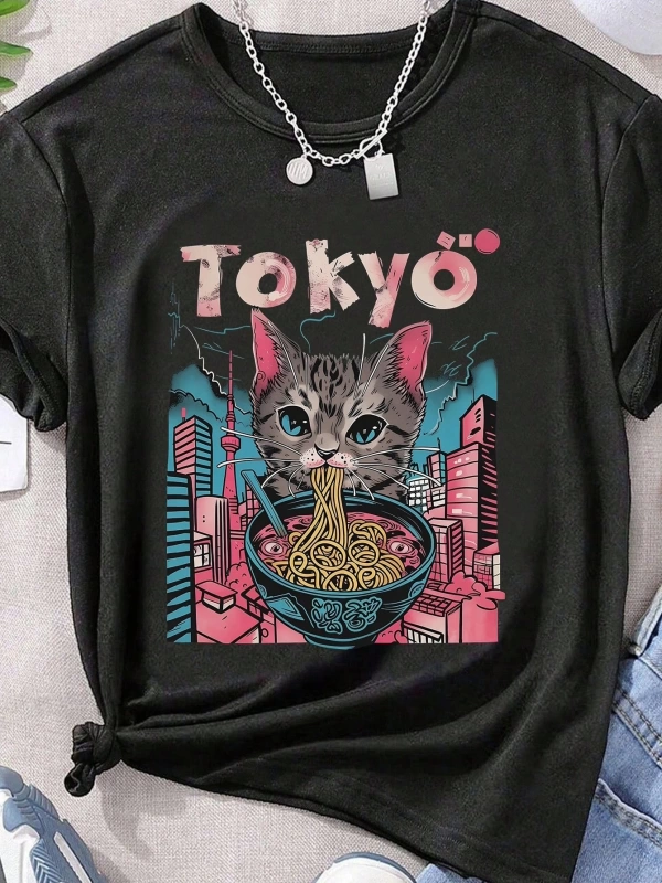 Kadın Günlük Üstler Tişörtler, Sevimli Kedi Deniz Ürünleri Ramen Desenli Baskılı Üstler, Hayv