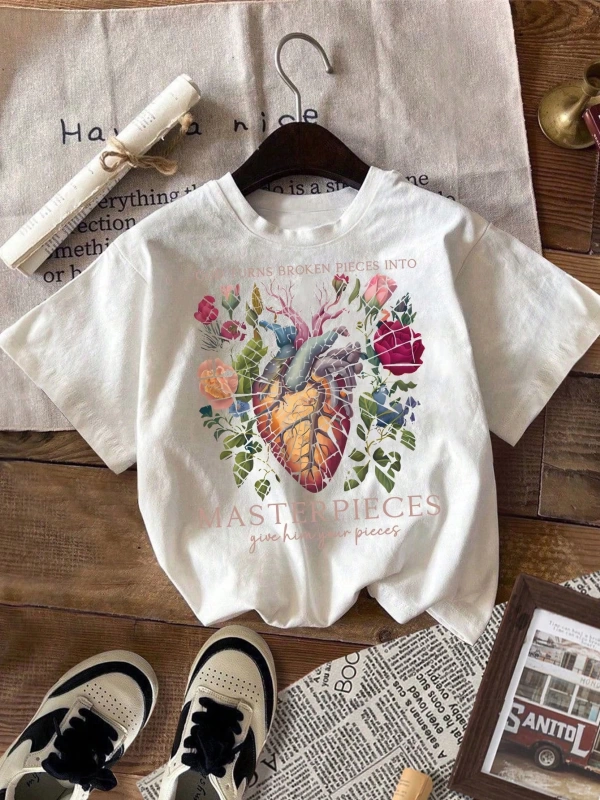 Kadın Günlük Yuvarlak Yaka Kısa Kollu Tişört Kalp Anatomisi Grafik Baskılı