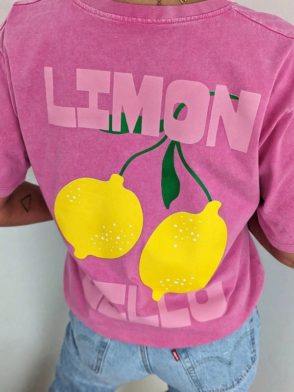 Kadın Günlük Yuvarlak Yaka Kısa Kollu Tişört Limon Çello Bahar Kıyafetleri Desenli