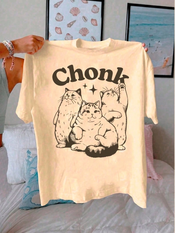 Kadın Günlük Yuvarlak Yaka Tişört Karikatür Kedi Baskılı, Polyester Örgü Kumaş, Kısa Kollu Ya