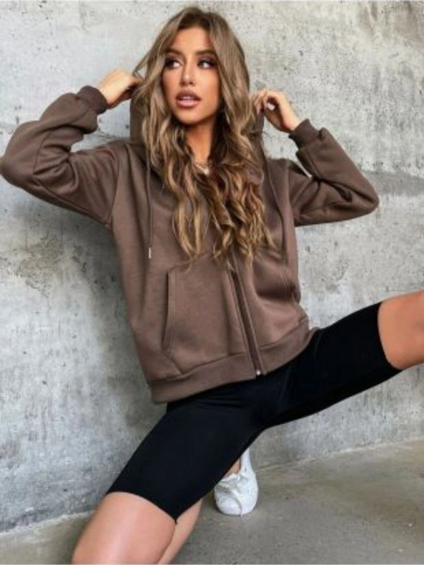 Kadın Kahverengi Düz Fermuarlı Kapüşonlu Ceket benisengiydirdüzceket Kahverengi