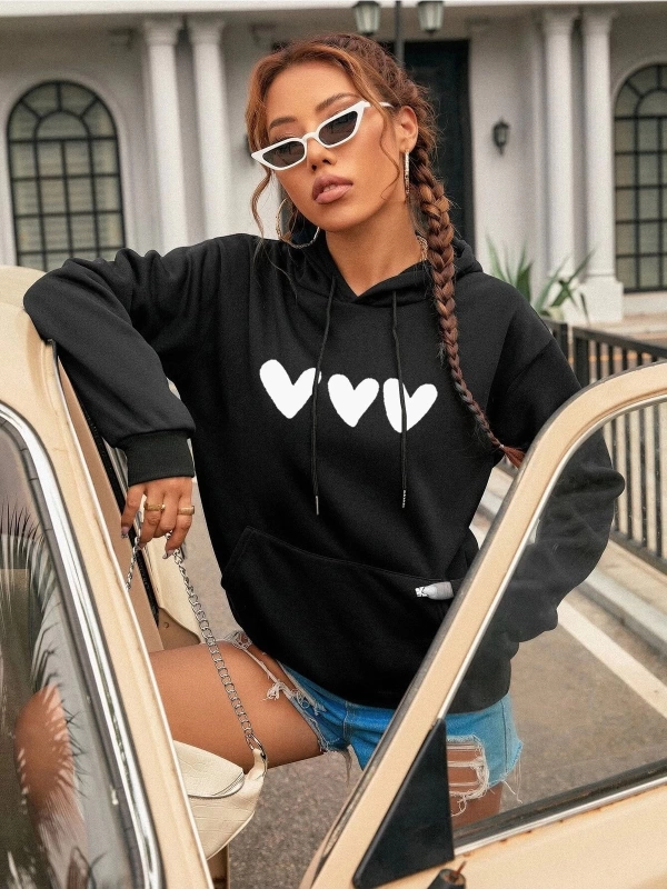 Kadın Kalp Baskılı Kapüşonlu Sweatshirt