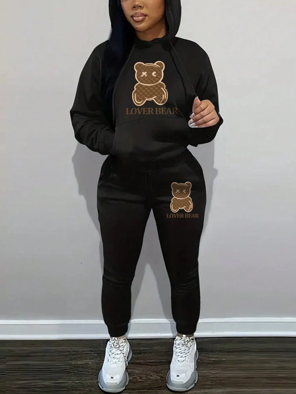 Kadın Kapşonlu Siyah Baskılı Bağcıklı Sweatshirt ve Jogger Pantolon İki Parçalı Takım