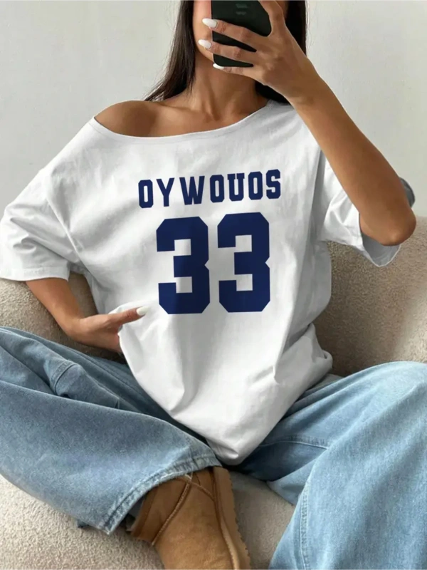 Kadın Kayık Yaka Oywouos Baskılı Oversize %100 Pamuk