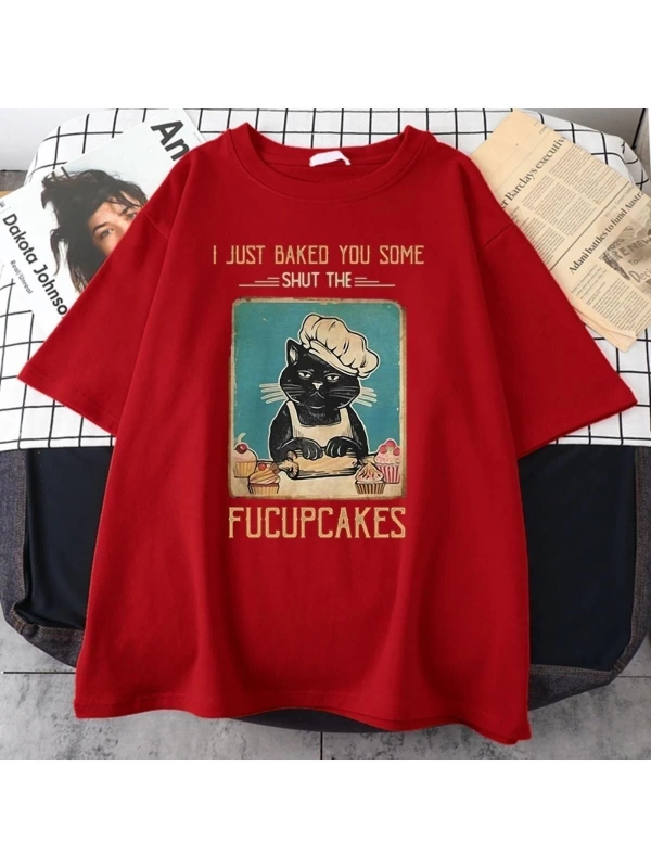 Kadın Kırmızı Fucupcakes Baskılı Oversize Bisiklet Yaka Tshirt