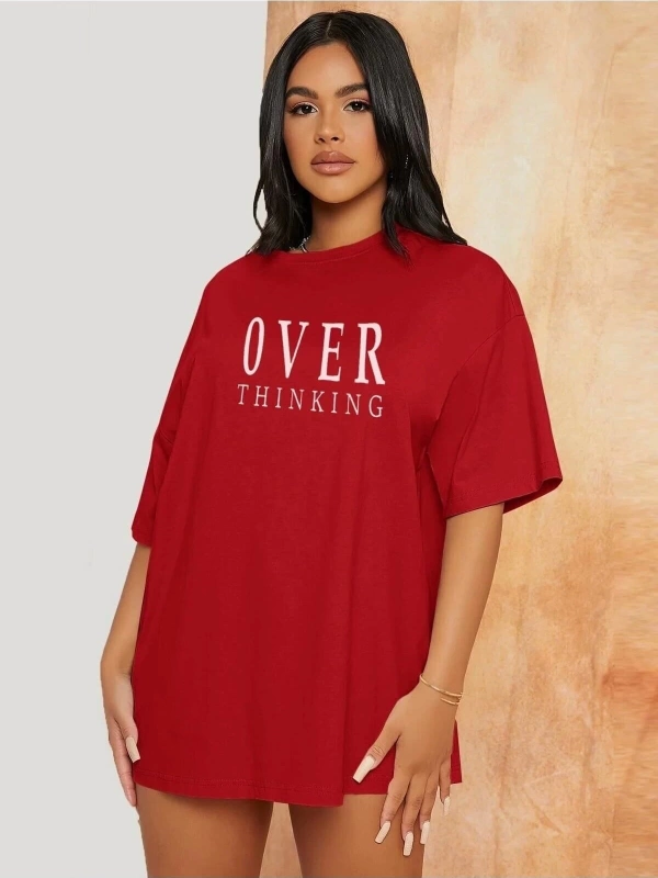 Kadın Kırmızı Over Thinking Baskılı Oversize T-shirt