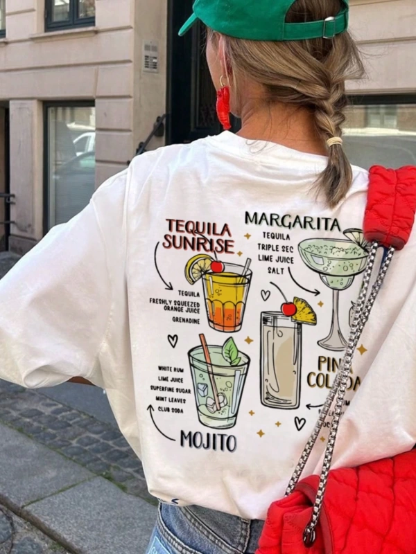 Kadın Kokteyl Slogan Baskılı Yuvarlak Yaka Kısa Kollu Günlük Tişört, İlkbahar/Yaz İçin Çok Yö
